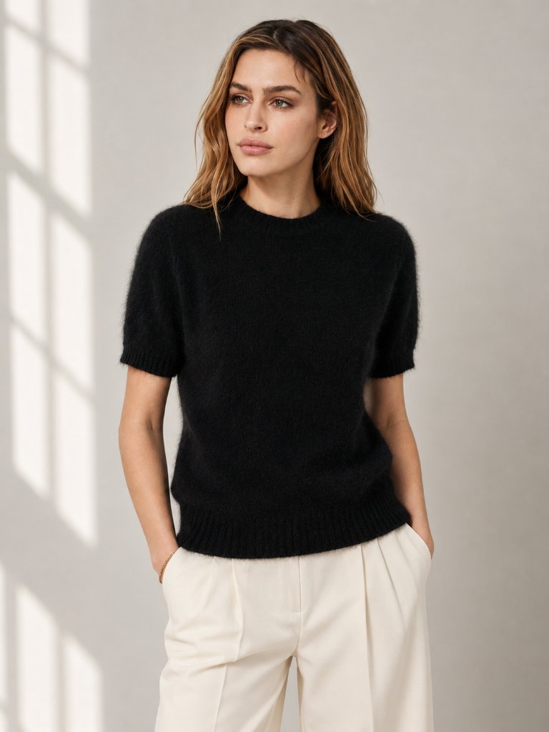 Anine Bing Black Angora Short Sleeve Sweater Medium